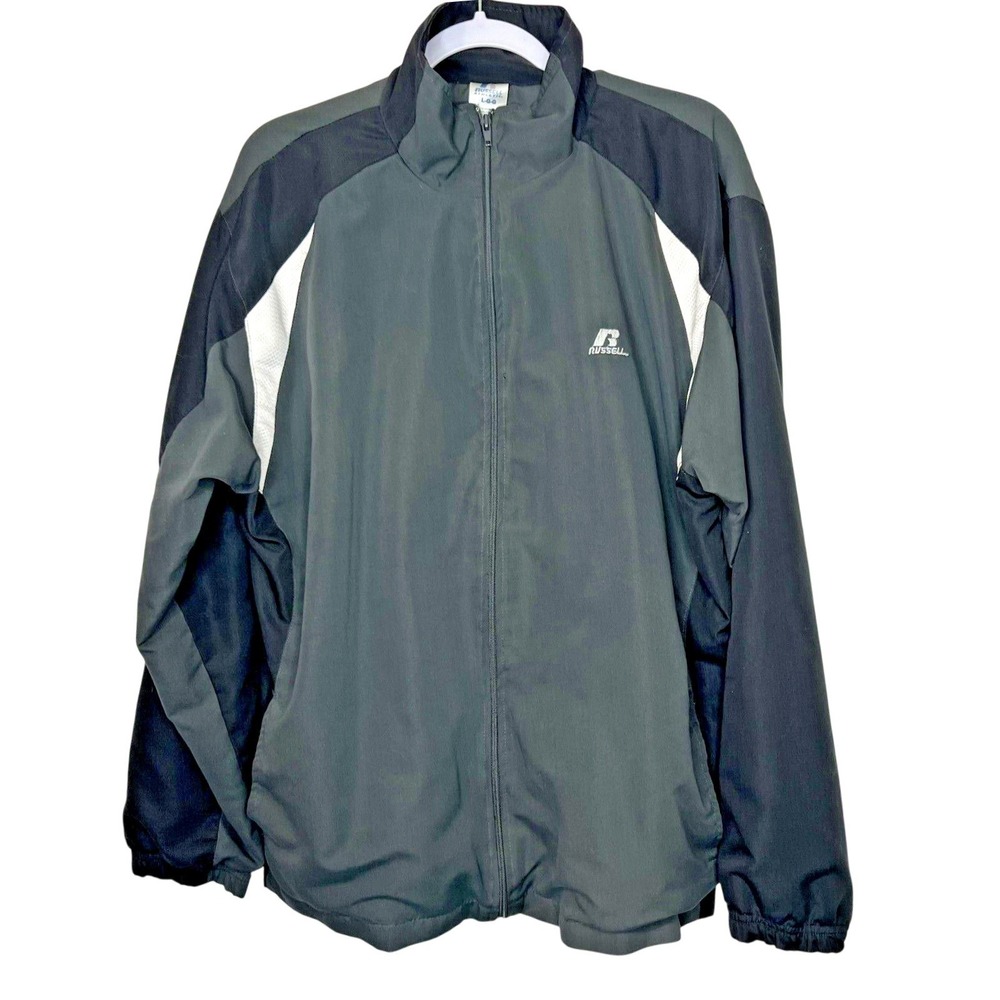 Russell Athletic Jacket Large Track Windbreaker Gray Black Full Zip‎ Mesh Lined